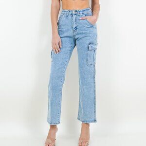 High waist denim pants pocket baggy cargo jeans